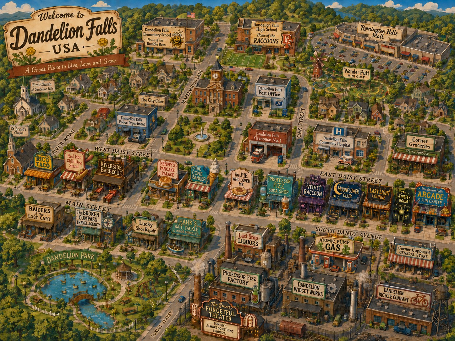 Dandelion Falls illustrated town map