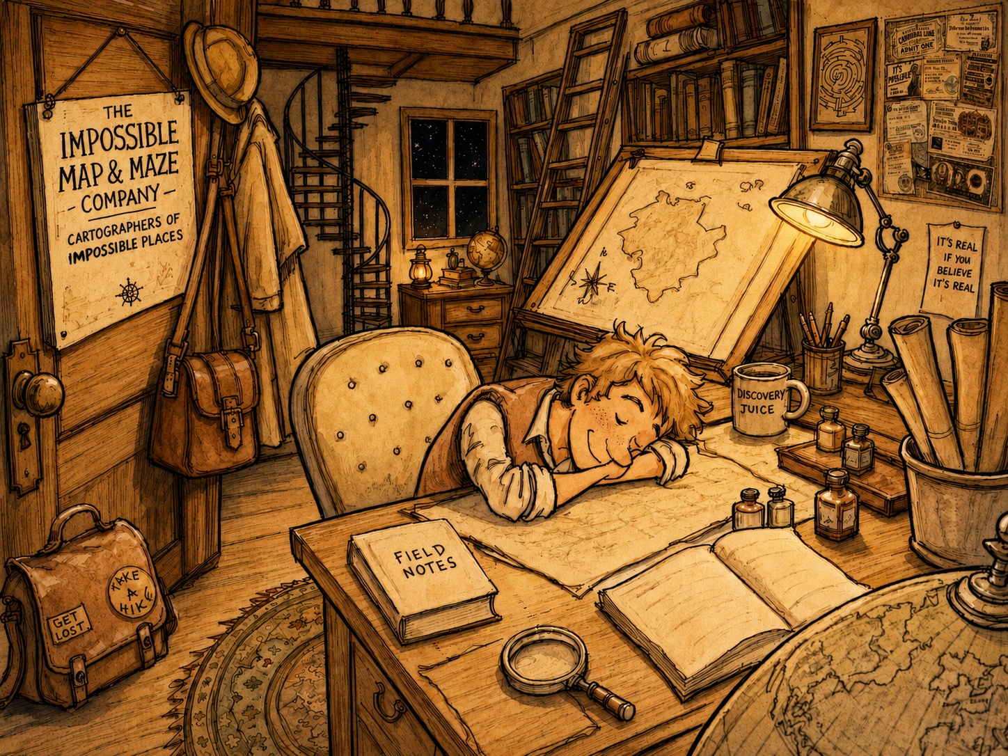 Capm Mac asleep in The Impossible Map & Maze Company office
